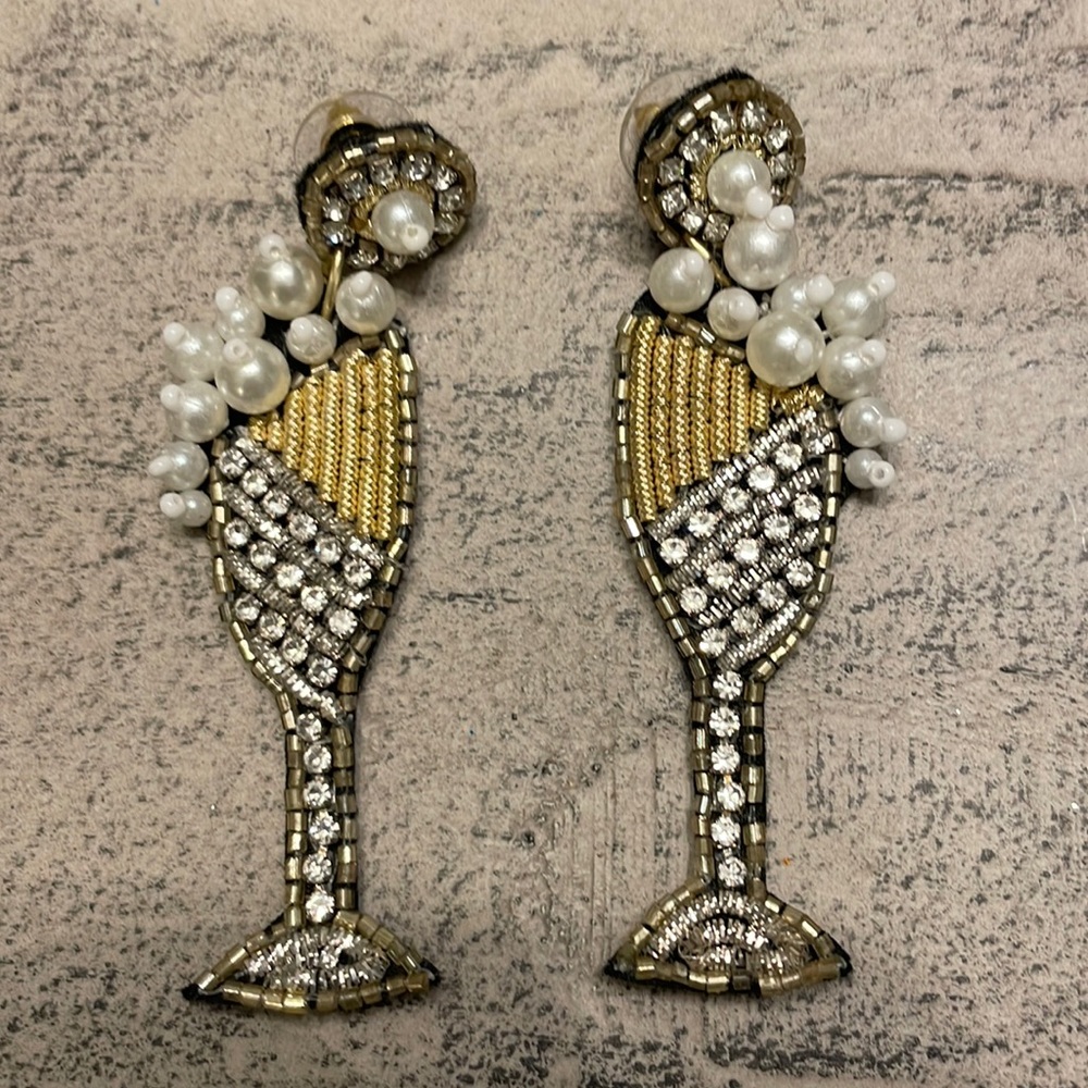 Wedding 💍Rhinestone Champagne Glass Earrings with Pearl, Silver & Gold Accents